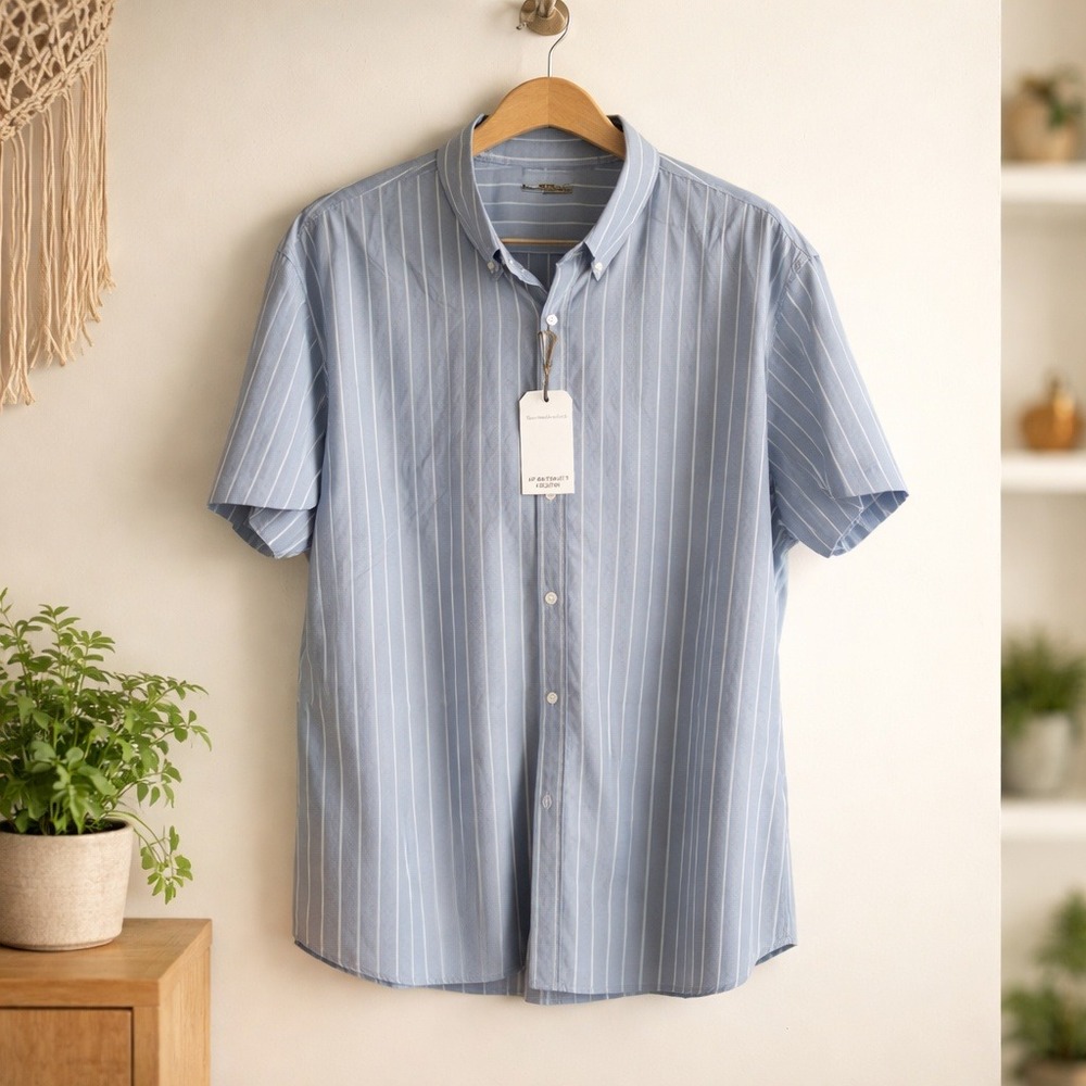 Abercrombie & Fitch Mens XXL Pinstriped Blue Dont Sweat It Shirt‎ 2X Stretch NWT